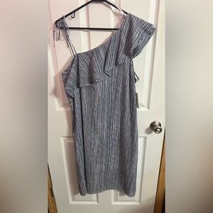 Halston One Shoulder Blue / Navy stripped dress L